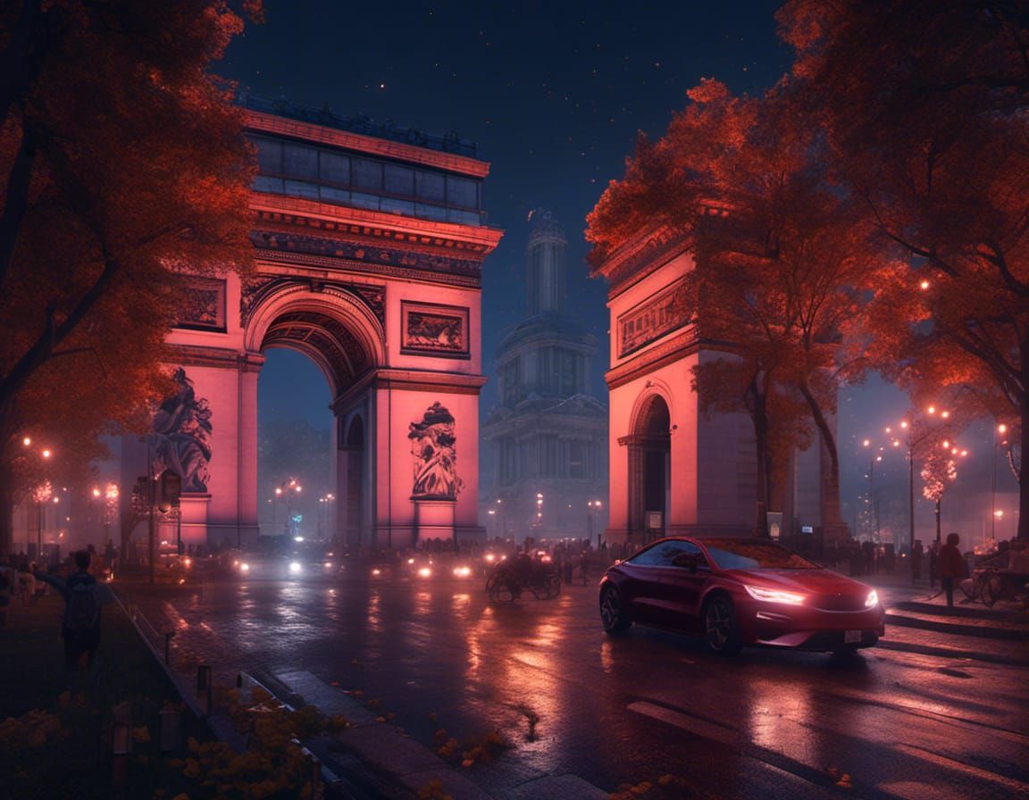 Arc de Triomphe at Night in Detailed Matte Painting
