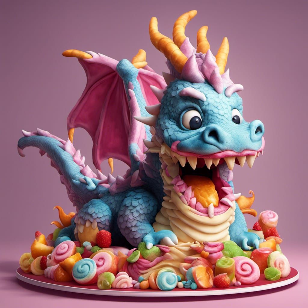 Dragon Cake in Candy Art Style, Digital Illustration