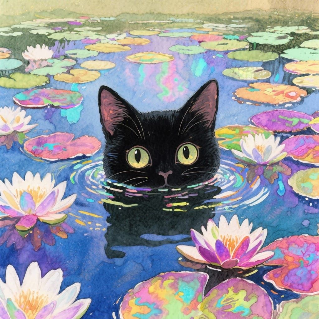 Black Cat's Eyes Peeking from Vibrant Water Lilies