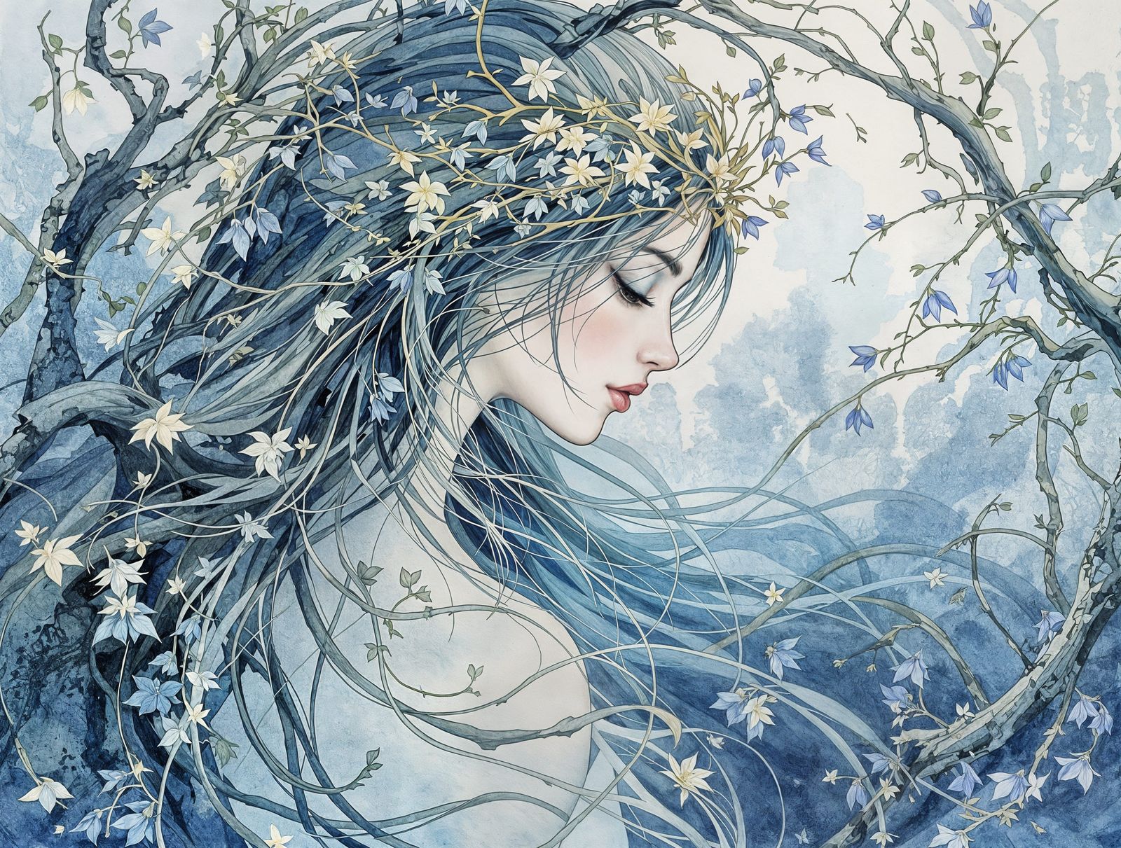 Pre-Raphaelite Fairy's Silken Hair in Whispers of Bluebell a...