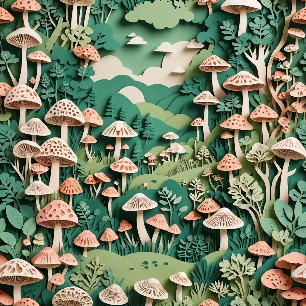 Kirigami Paper Art Landscape with Mushrooms