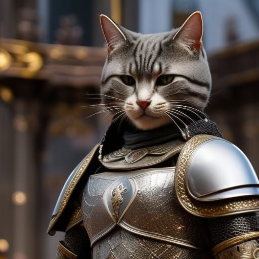 Cat Knight in Silver Armor: Intricate Digital Art