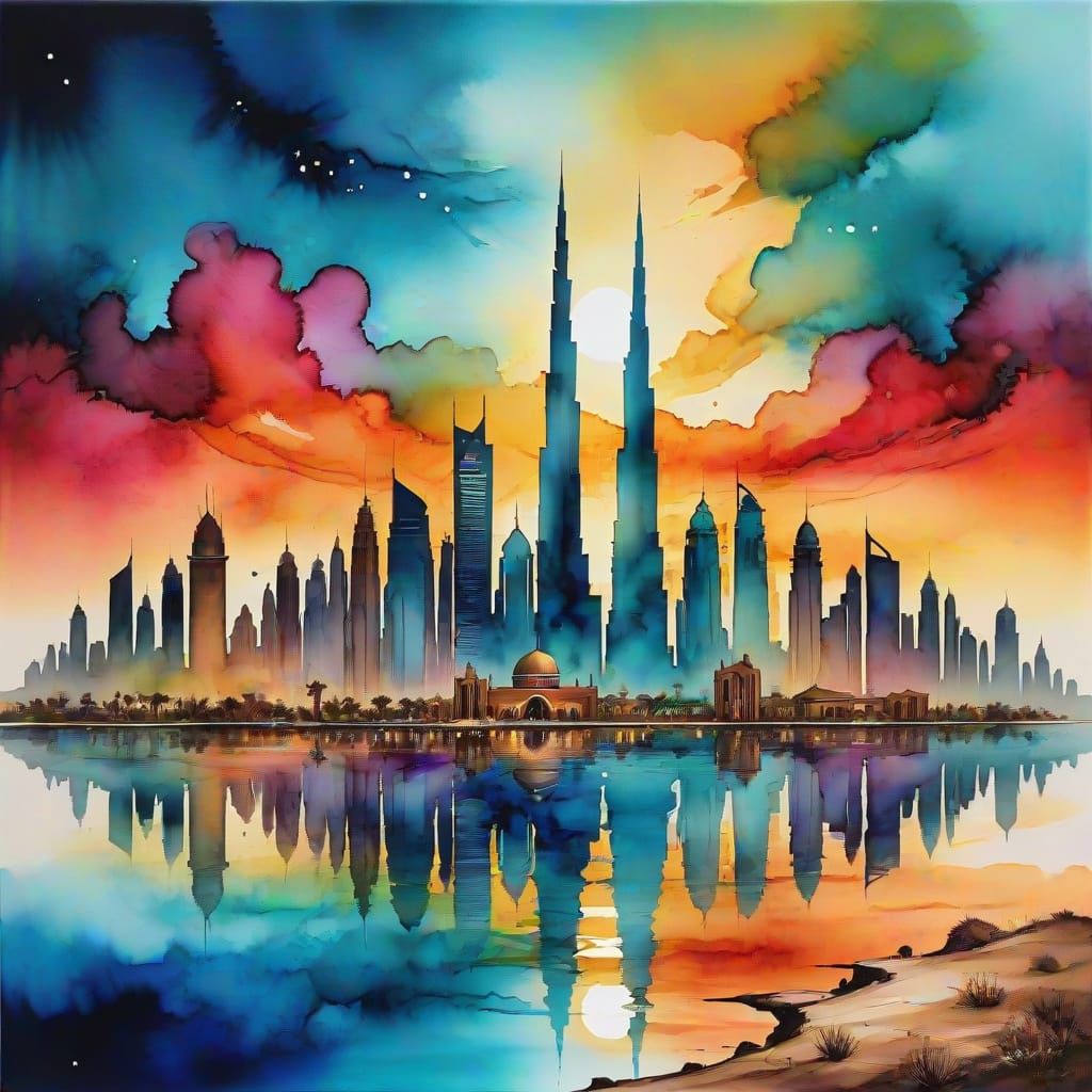Vibrant Dubai Skyline at Sunset in Whimsical Alcohol Ink Sty...