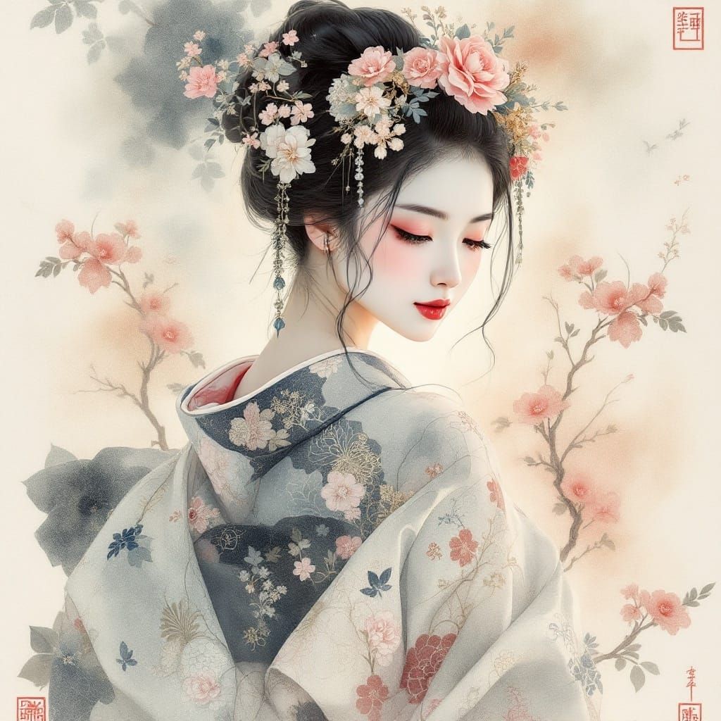 Ethereal Geisha in Traditional Kimono