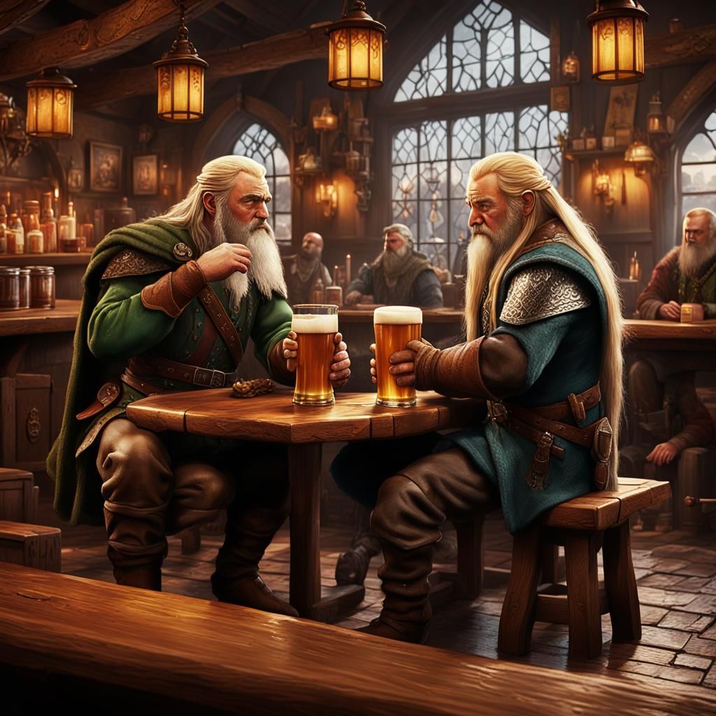 Gimli and Legolas at Local Pub, Fantasy Art