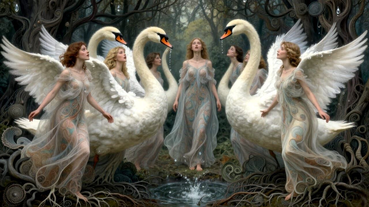 Ethereal Maidens on Swans in Art Nouveau Forest