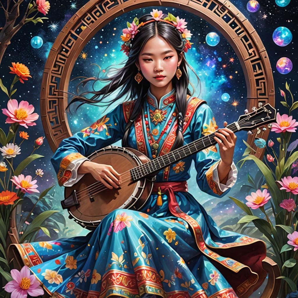 Taiwanese Girl Plays Banjo: Cosmic Illustration