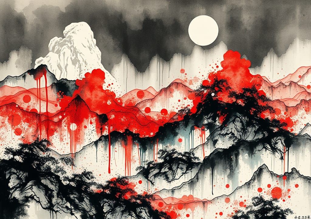 Epic Chinese Landscape in Ink Splatter Art