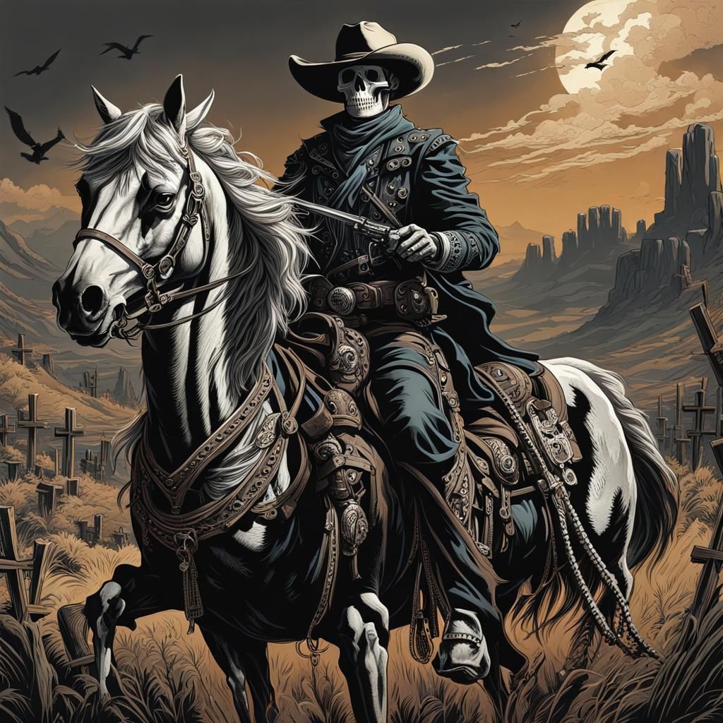 Skeleton Cowboy Rides a Horse: Matte Painting Style