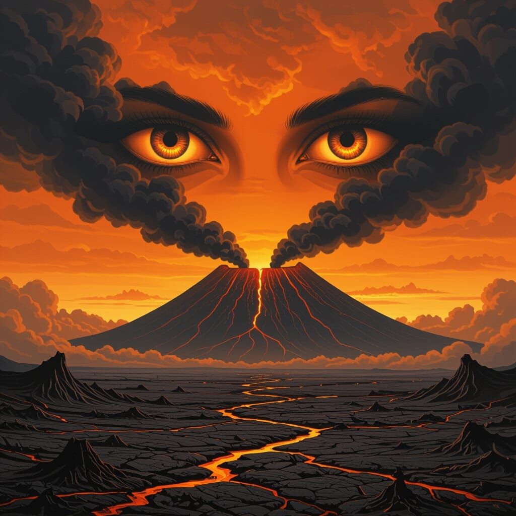 Surreal Volcanic Landscape with Orange Sky