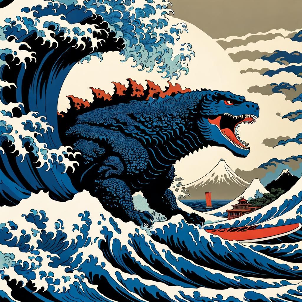Godzilla Surfing the Great Wave: Hokusai Style