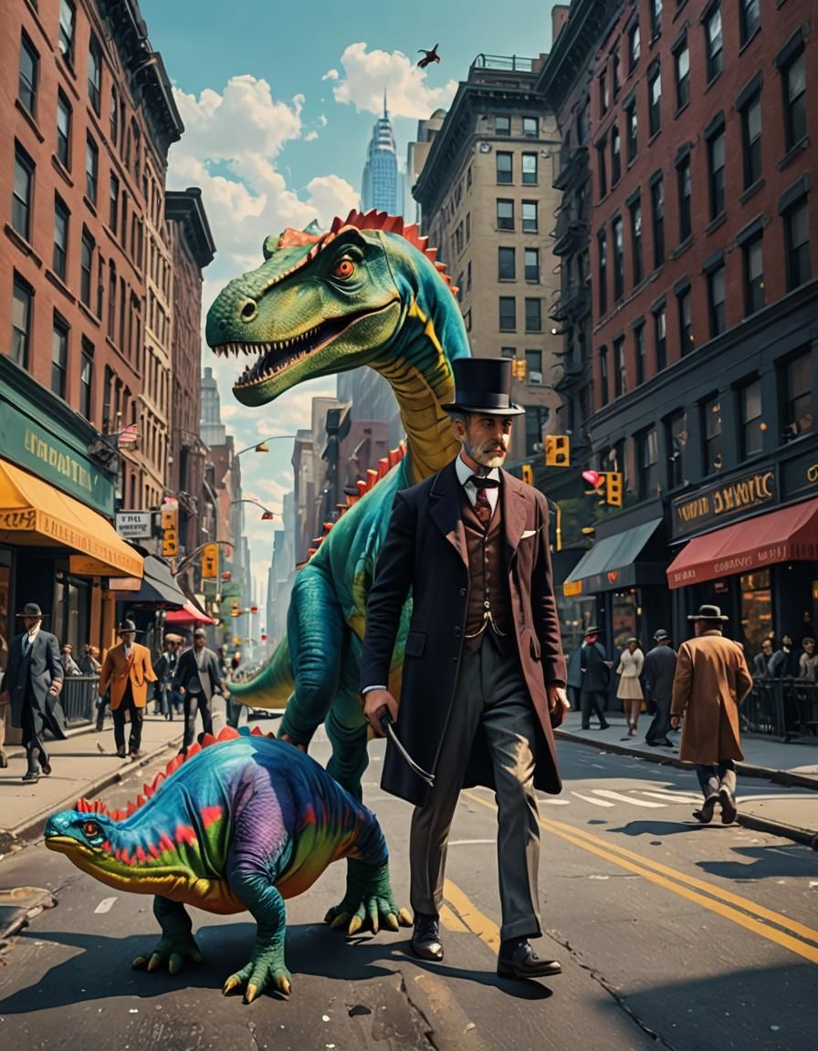 Victorian Gentleman Walks Dinosaur in New York, Surreal Art