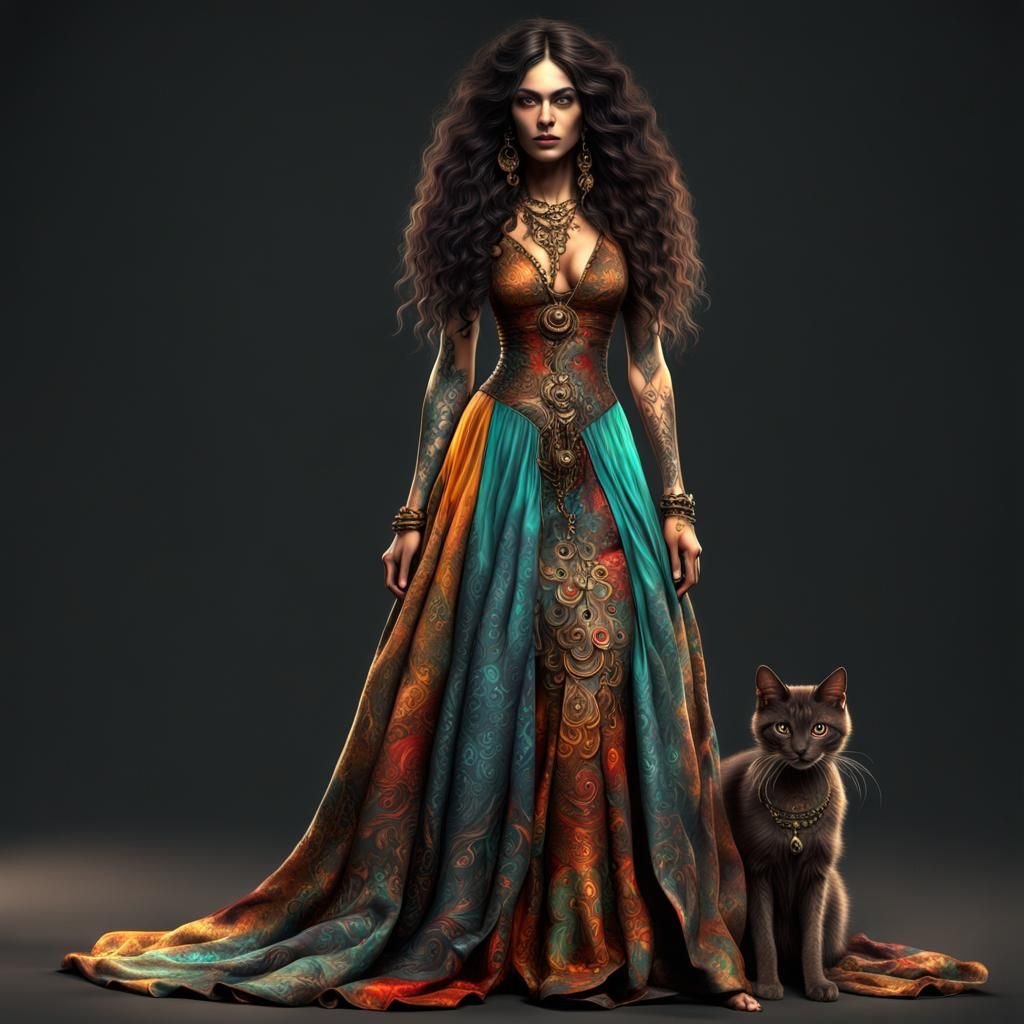 beautiful gypsy young lady with long with her cat