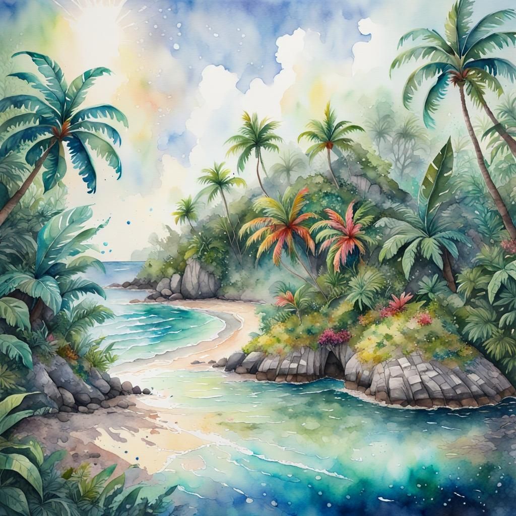 Vibrant Watercolor Painting of a Tropical Island