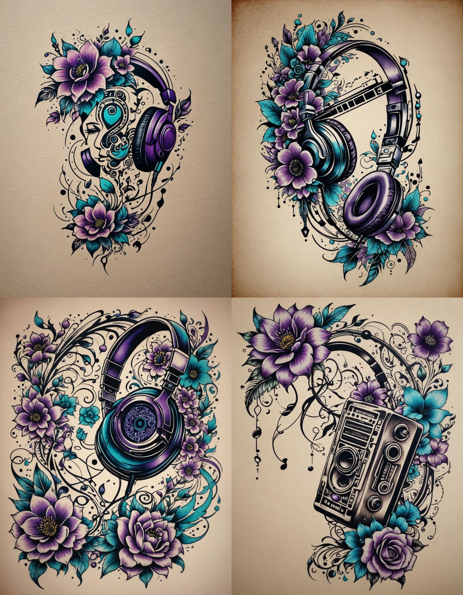 Musical Tattoo Design with Flowers and Walkman