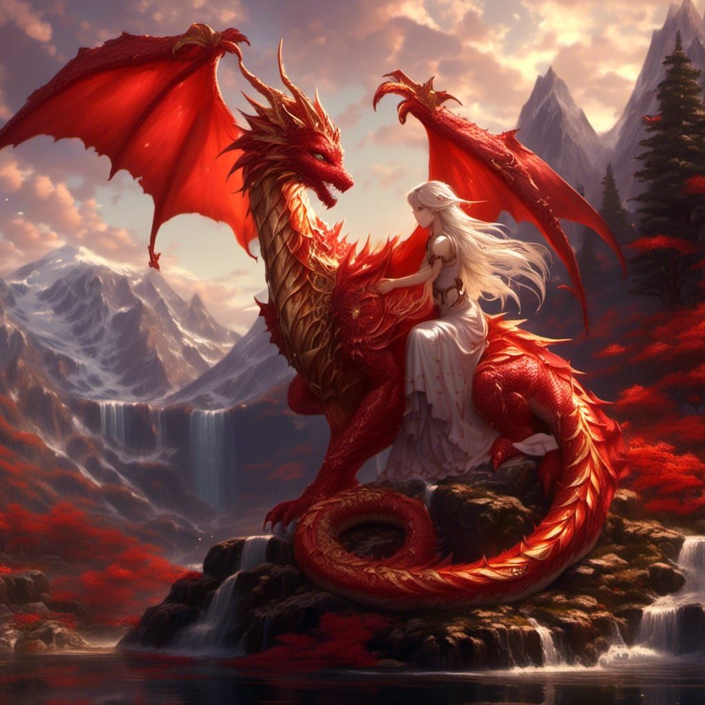 Dragon's Affection: Red and Gold Dragon with Elf