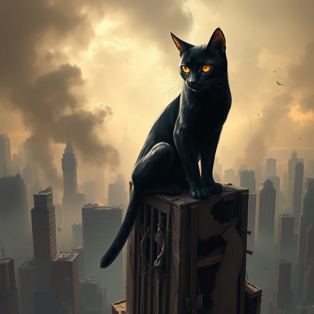 Obsidian Cat Overlooking Post-Apocalyptic Cityscape