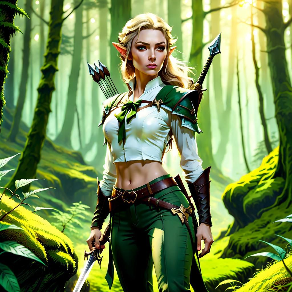 Detailed Half-Elf Ranger in Misty Forest, Fantasy Art