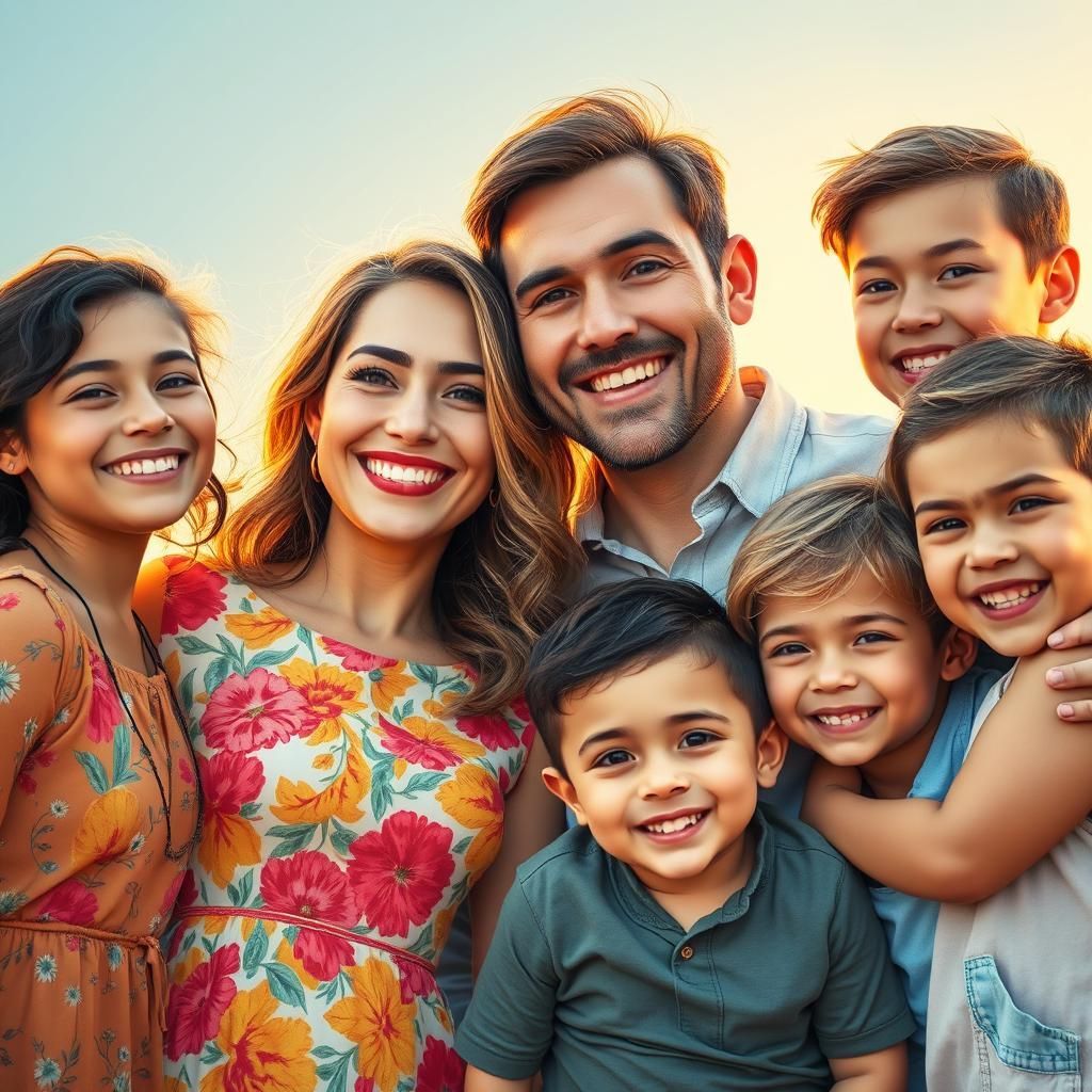 Radiant Nuclear Family Portrait in Hyperrealistic Style