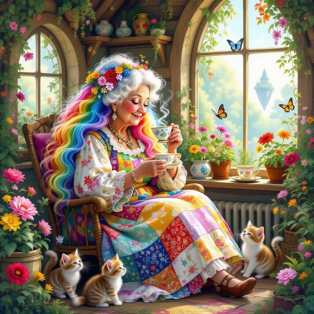 Rainbow-Haired Granny in Whimsical Cottagecore Scene