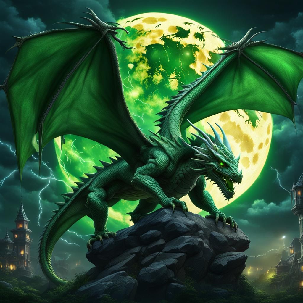 Green Dragon with Moon and Lightning: Fantasy Art