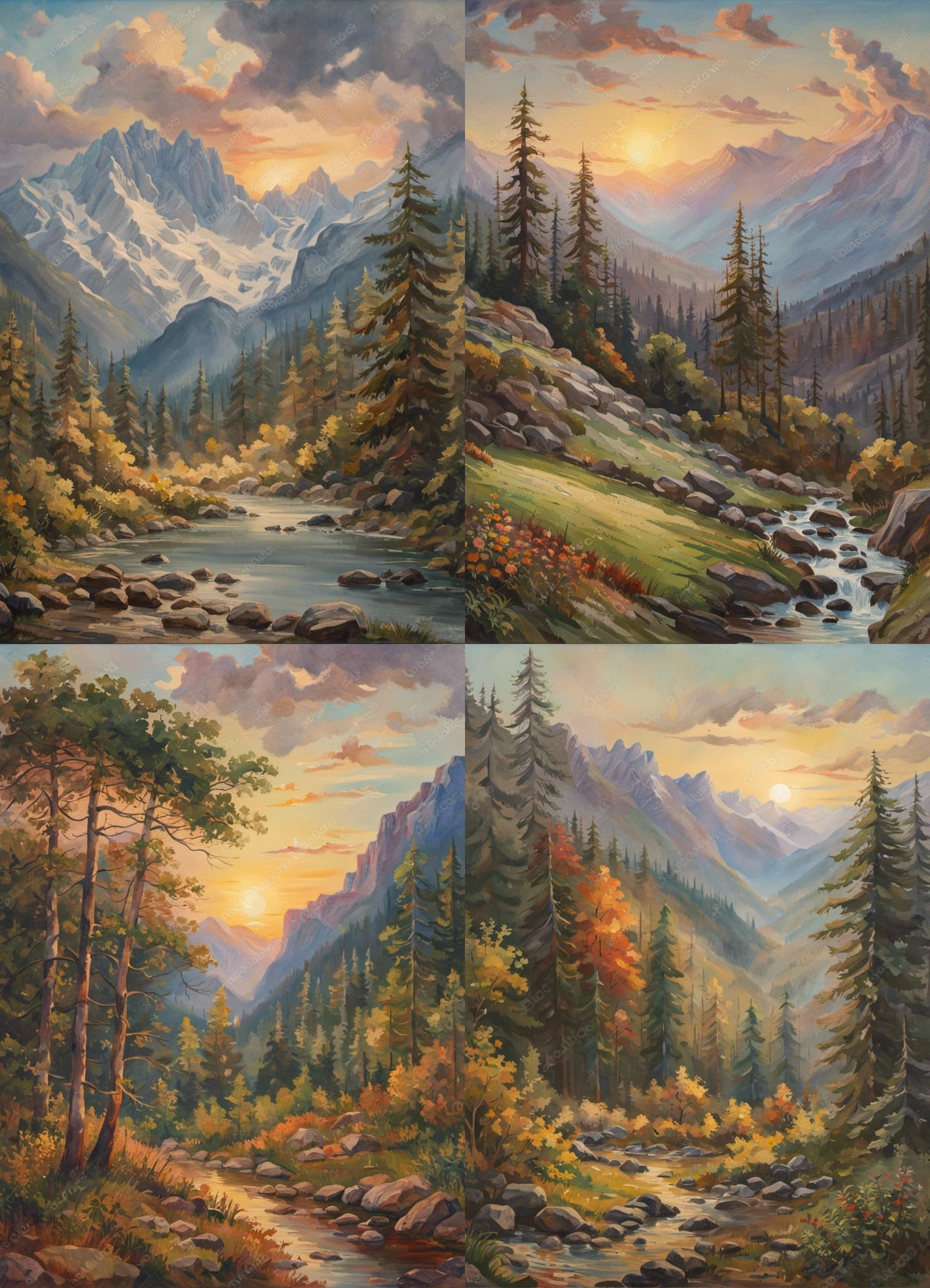 Mountain Sunrise in Impressionist Watercolor Style