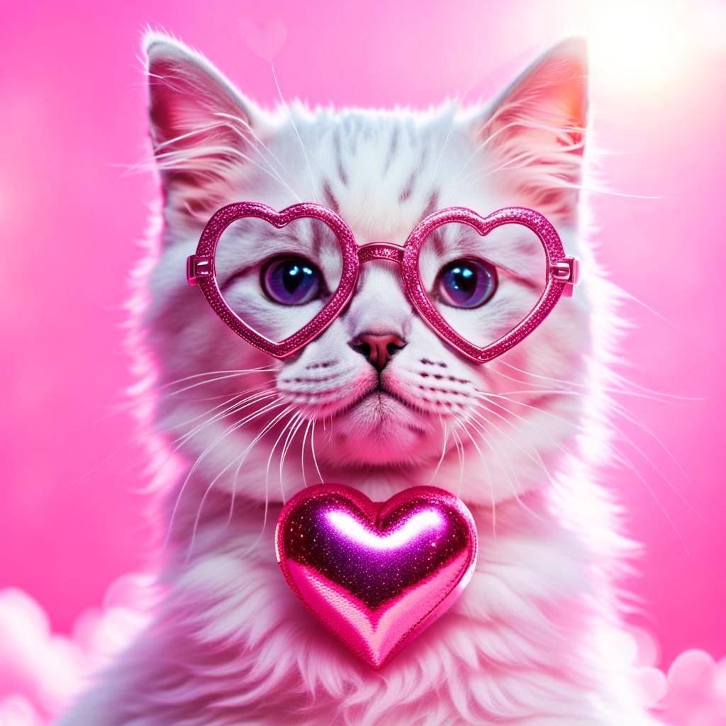 Iridescent Kitten with Heart Glasses in Pink Heaven