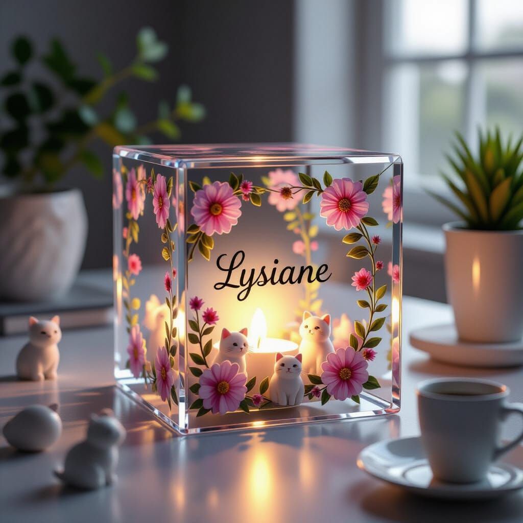 Glass Cube with Lysiane Signature and Cats, Photorealistic 3...
