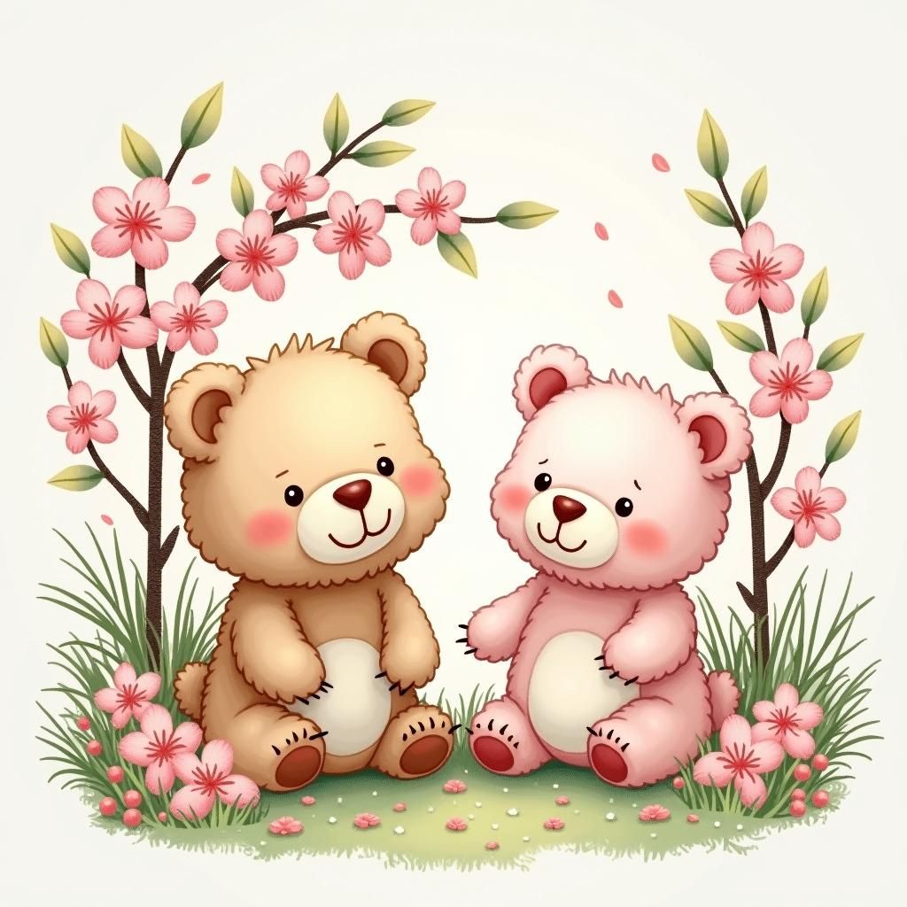 Cherry Blossom Bears in Whimsical Cartoon Style