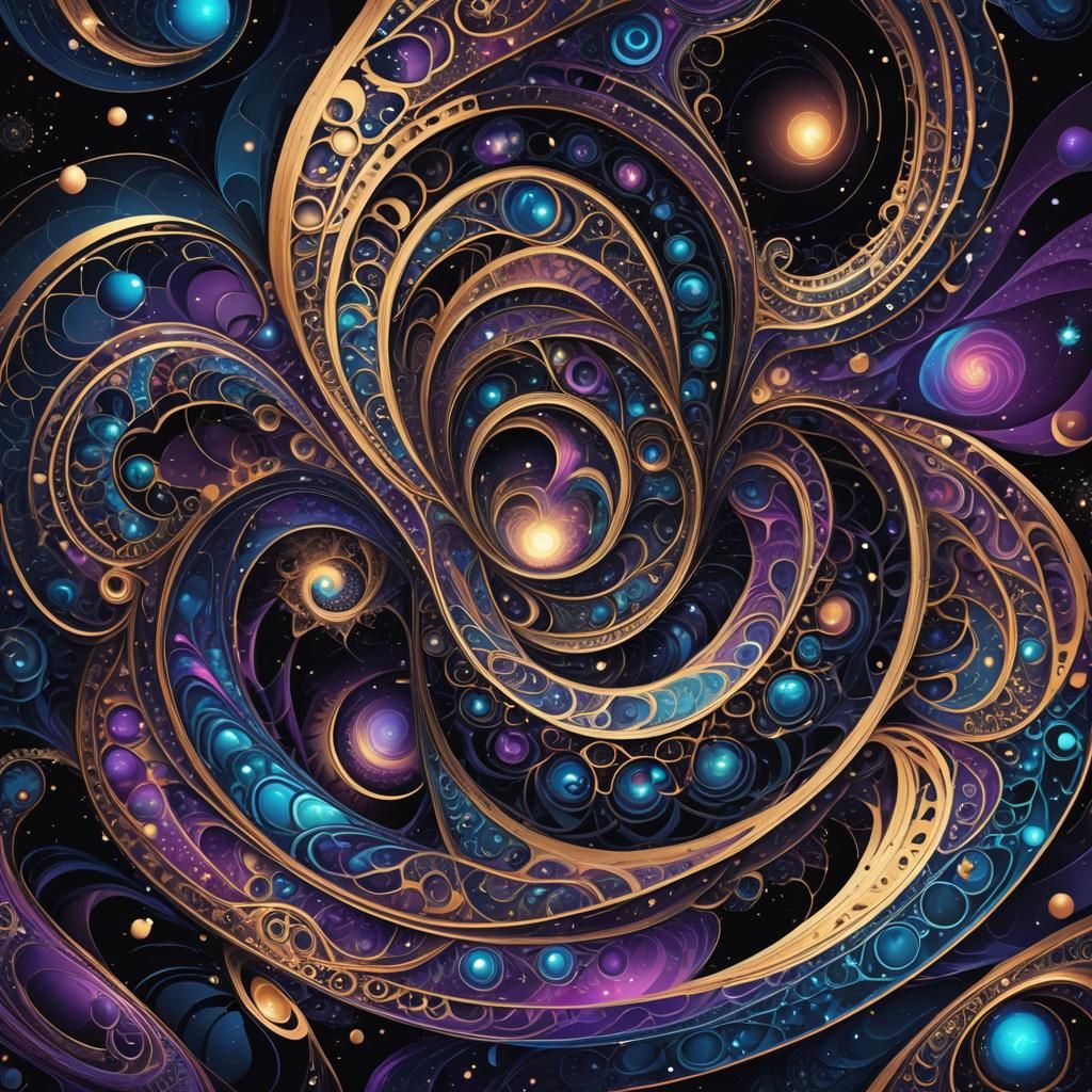 Spaceship Orbiting Galaxy with Fractal Zentangle Details