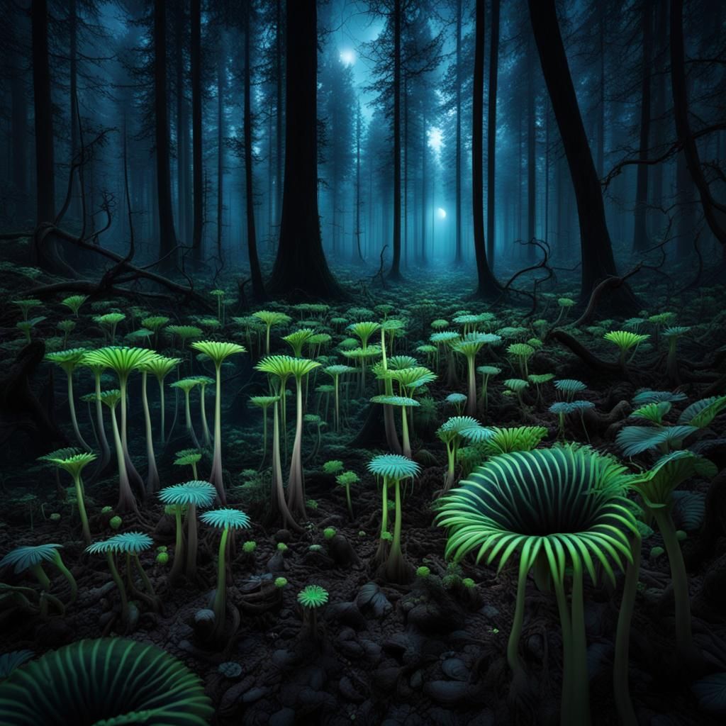 Eerie Phosphorescent Venus Flytrap Forest at Night