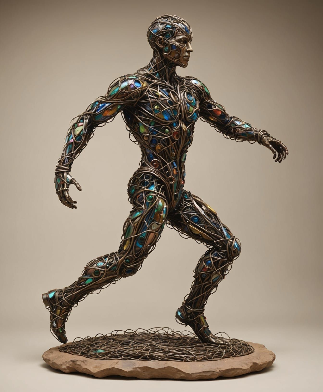 Dynamic Mixed-Media Sculpture with Wire, Clay, and Beads