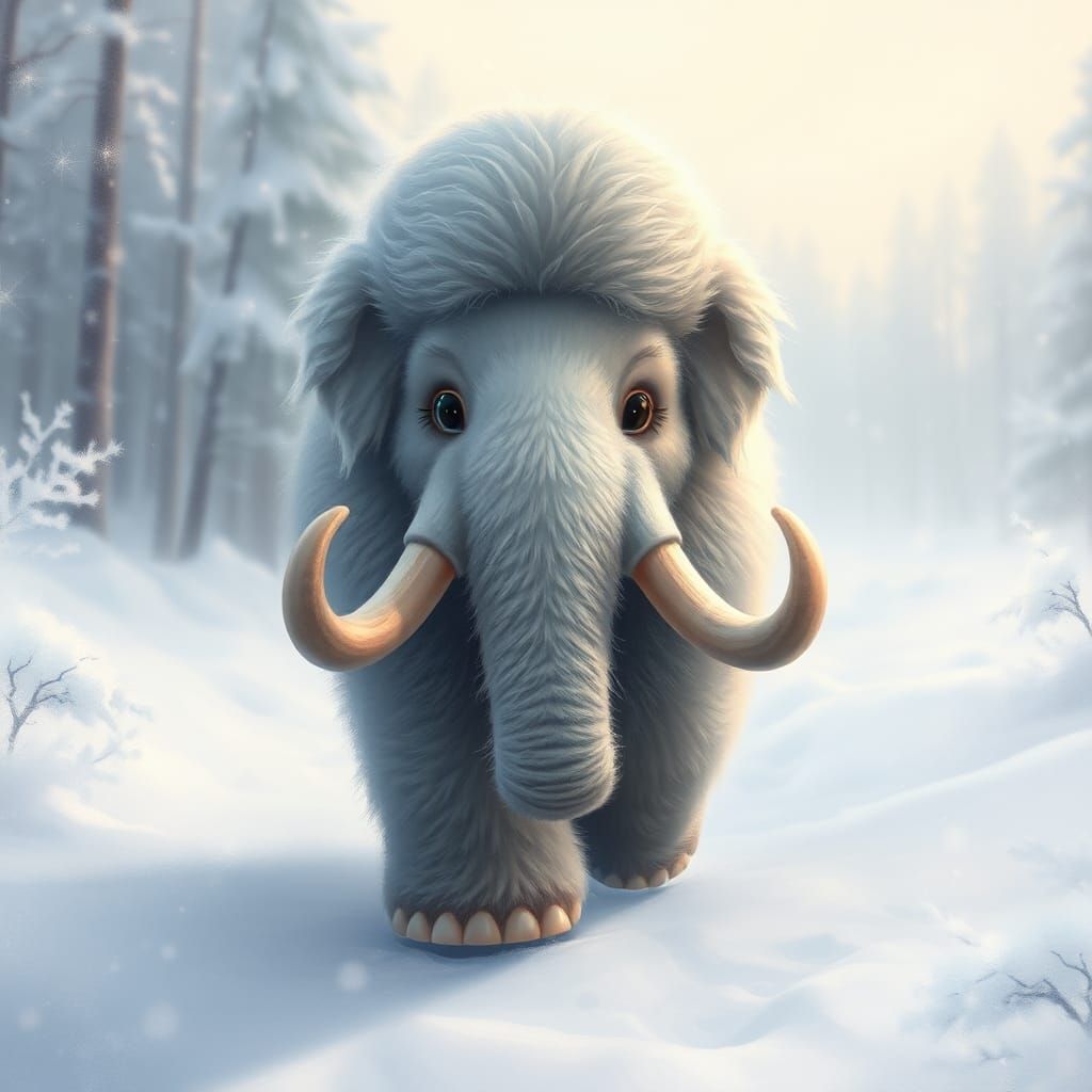 Fluffy Mammoth Calf in Winter Wonderland, Digital Art