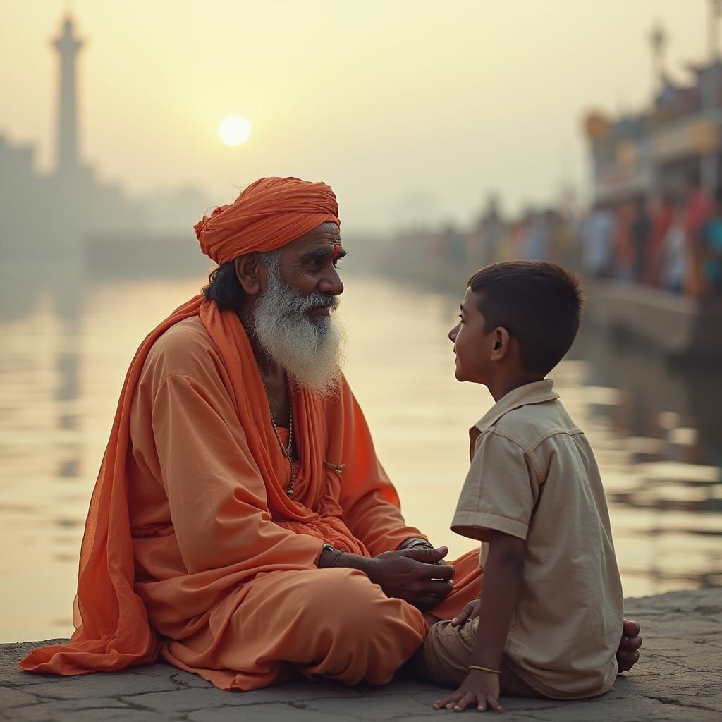 Neem Karoli Baba at Ganges Ghat with Bhakt