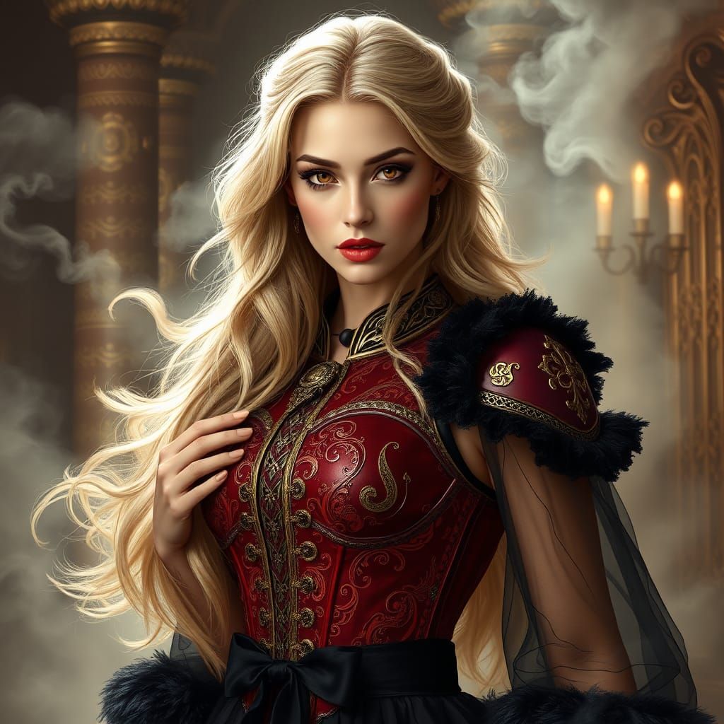 Regal Woman in Crimson Armor, Oil Painting