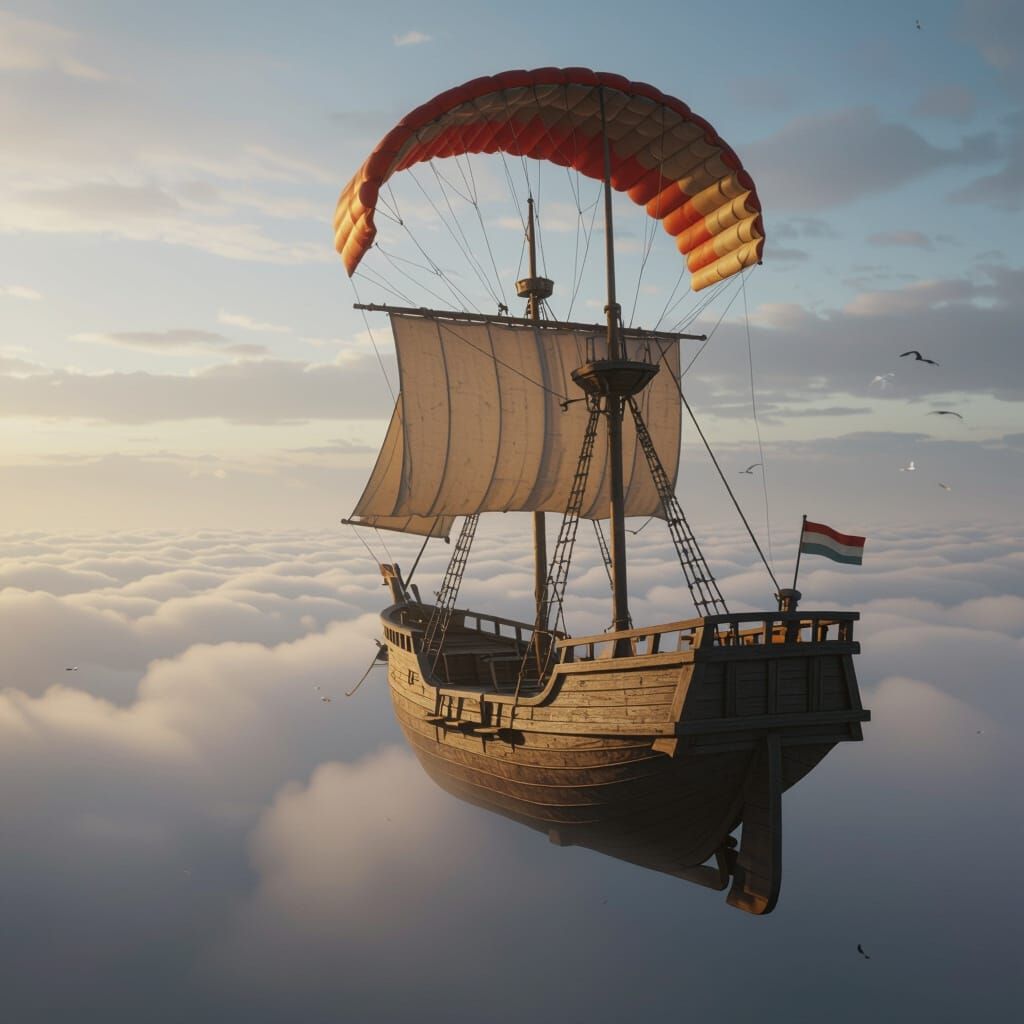 Wooden Ship Soars With Parachute in Epic Sky Scene
