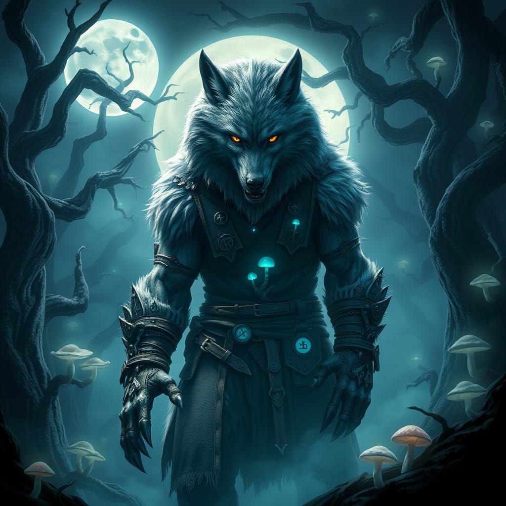 Majestic Wolf Man in Moonlit Forest