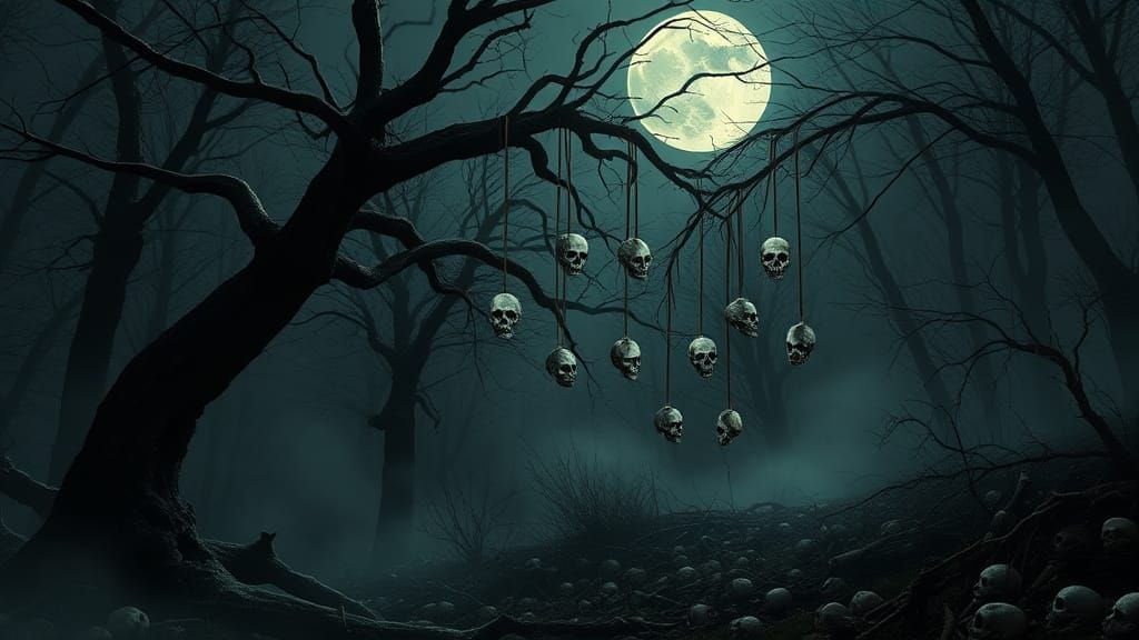 Ethereal Forest of Twisted Skeletons Under Moonlight