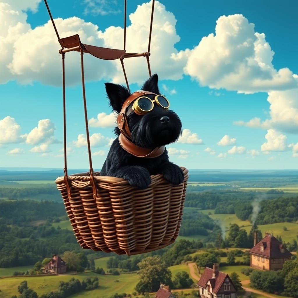 Majestic Black Scottish Terrier in Vintage Hot Air Balloon