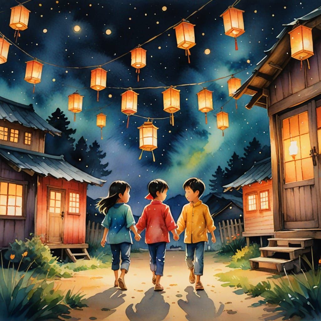 Children's Lantern Dance: Watercolor Painting