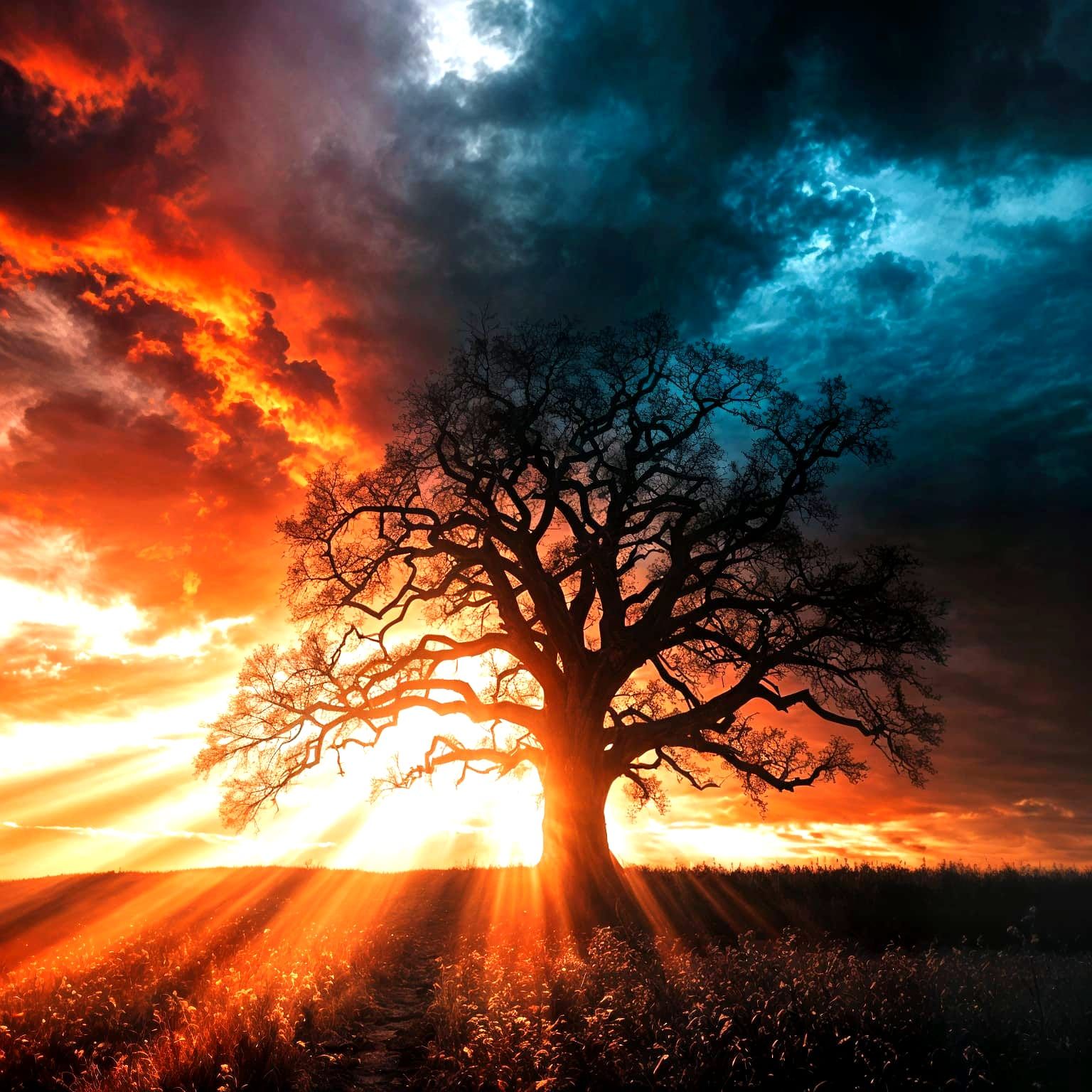 Ancient Oak Tree Silhouetted Against Sunset