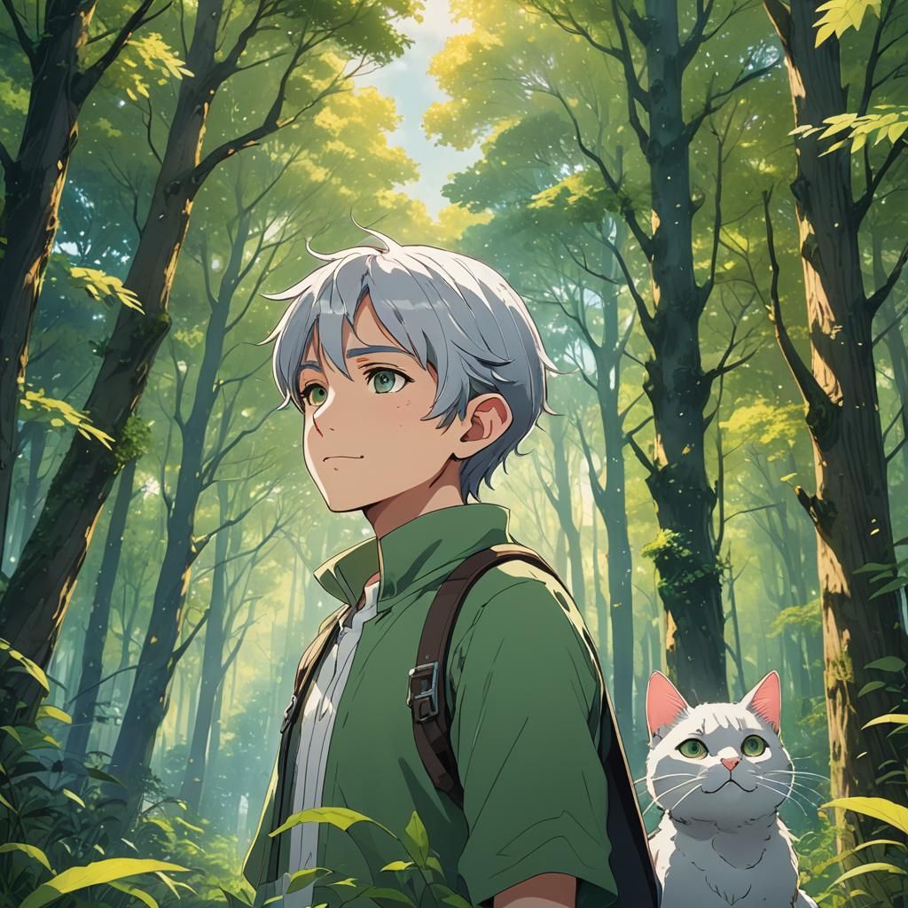 Anime Elf Boy with Cat Ears in Forest Glade