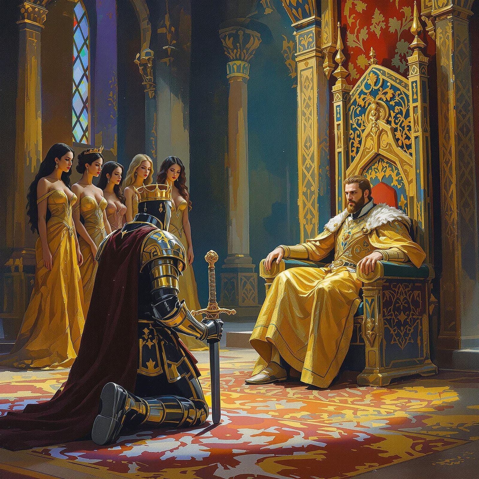 A Regal Knight Pledges Fealty in a Majestic Castle Scene