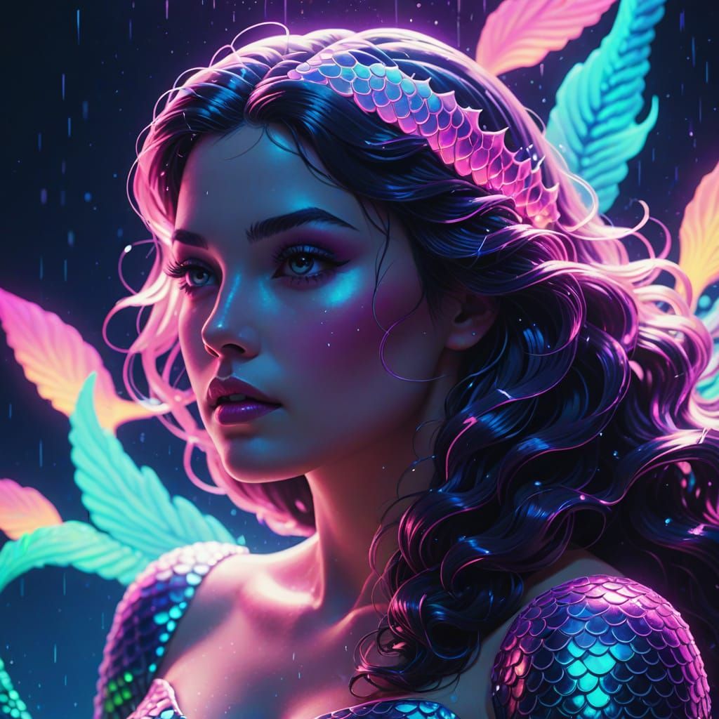 Snow White Mermaid in Synthwave Neon Style