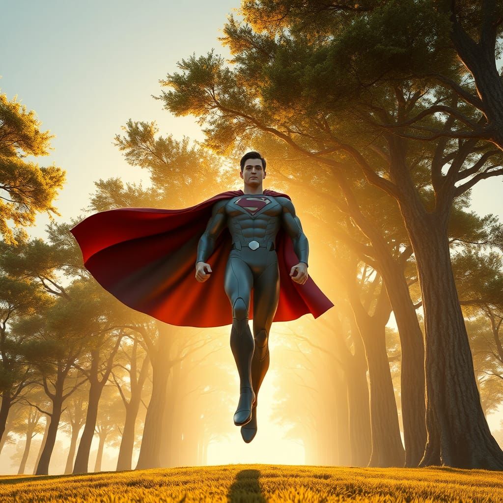 Heroic Superhero Amidst Towering Trees in 3D Art