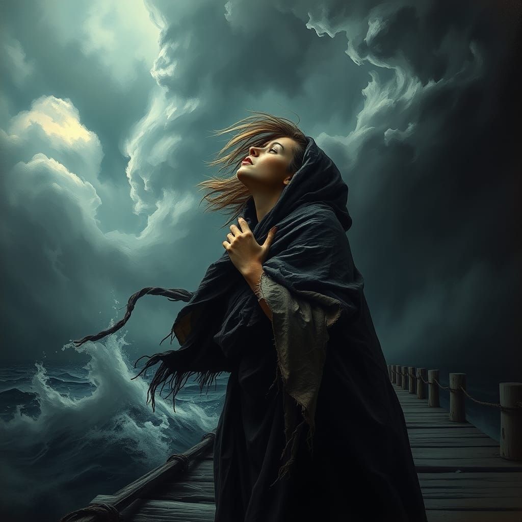 Woman Praying on Stormy Port in Dramatic Lighting