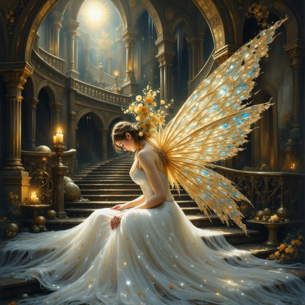 Fairy at Castle Staircase in Art Nouveau Style