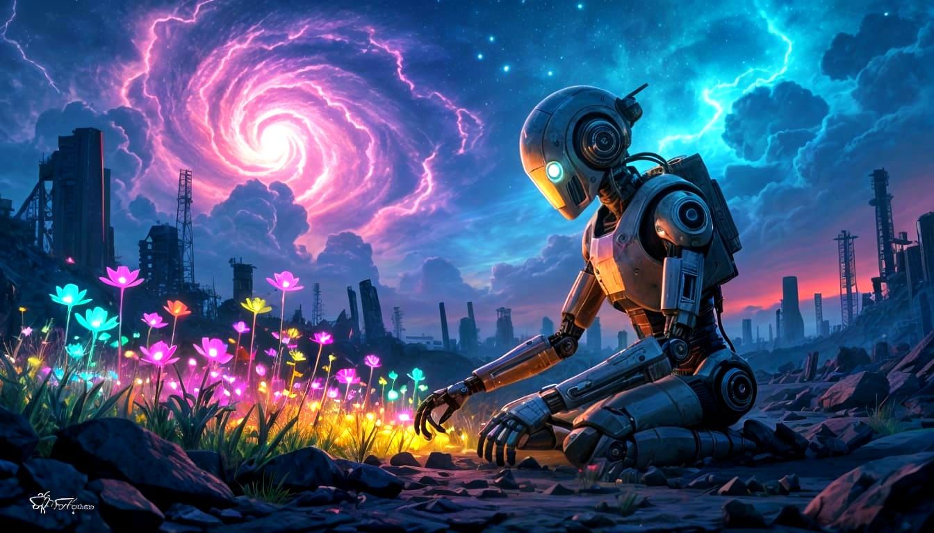 Automaton Tends Bioluminescent Garden on Post-Apocalyptic Ea...