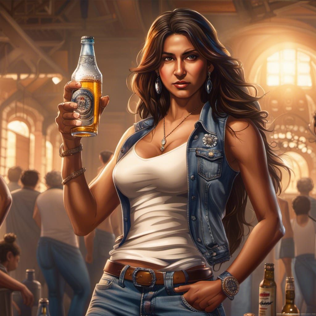 Big-Breasted Indian Agent at a Bar, Hyperrealistic Photo