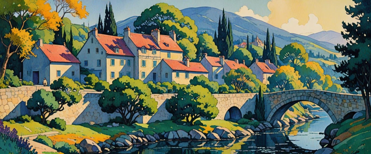 Dreamlike Village Scene in Watercolor Impressionist Style